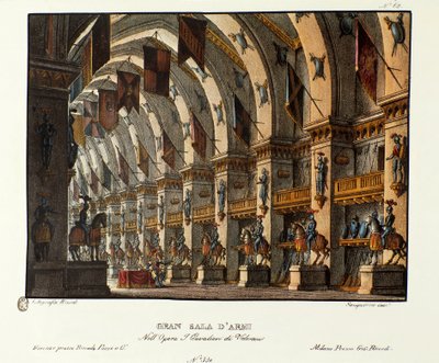Kilátás a nagy fegyverteremről Giovanni Pacini és Gaetano Rossi „I cavalieri di Valenza” című operájának (1828) bemutatásához készült jelenet. Litográfia a „” Alessandro Sanquirico (1777-1849) festői találmányainak gyűjteménye 1830-ból”. milánói p alkotó: Alessandro Sanquirico