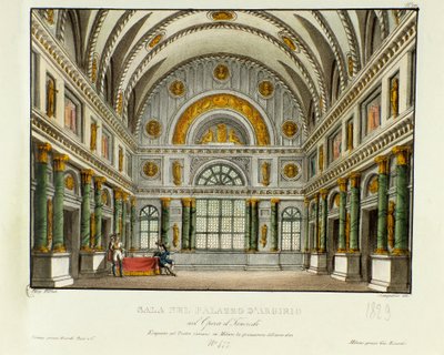 A szirakúzai király palotájának látképe Argirio Szcenográfia Gioacchino Rossini (vagy Gioachino) „Tancredi” (vagy Tancrede) című operájának (1813) 1829-es milánói előadásához Voltaire „Tancrede” című darabja után. Litográfia „” Raccolta di invenzion alkotó: Alessandro Sanquirico