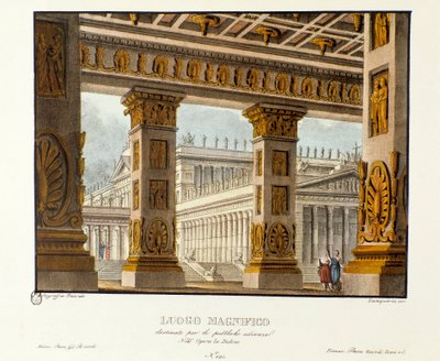 Kilátás a palotára, ahol nyilvános meghallgatások zajlanak. Szcenográfia Niccolo Vito Piccinni (vagy Piccini) zeneszerző „" Didone" (Didon) (1783) című lírai tragédiájának ábrázolásához a Metastasio (Metasztázis) operája után. Litográfia a „” Raccolta-ban alkotó: Alessandro Sanquirico
