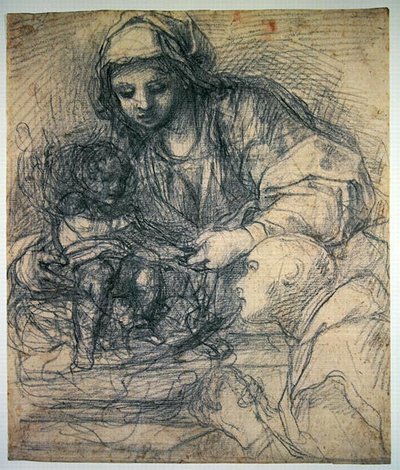 Madonna és gyermeke egy karthauzi szerzetessel (fekete kréta írószerszámmal, világoskék papírra) alkotó: Alessandro Tiarini
