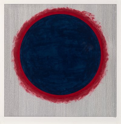 Circle Blue on Red, 2022 (zománc és toll a kártyán) alkotó: Alex Dunn