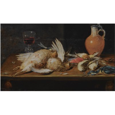 Csendélet vörösbegy, jégmadár, partifecske és énekesmadarak, mindezek egy faasztalon, valamint egy pohár és egy cserépkorsó. alkotó: Alexander Adriaenssen