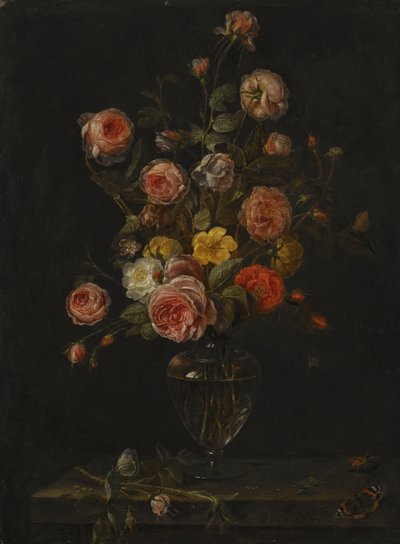 Csendélet piros, fehér és rózsaszín rózsákkal üvegvázában, kőpárkányon, pillangókkal, szöcskével és bogárral. alkotó: Alexander Adriaenssen