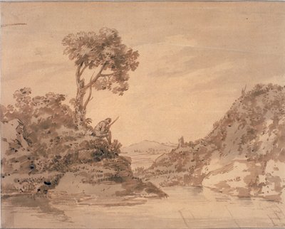 Táj figurával a medence partján (akvarell, szépia és mosás) alkotó: Alexander Cozens