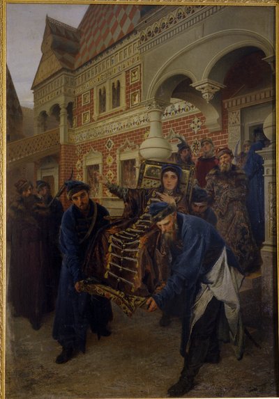 Bojarin Morozova. (Boyarynya Morozova). Feodosia Prokofjevna Morozova (1632-1675), az óhitűek rítusának buzgó híve, Theodora néven szerzetesi fogadalmat tett. Letartóztatása közben írják le a pat támogatói alkotó: Alexander Dimitrievitch Litovtchenko
