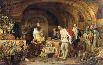 IV. Ivan orosz bemutatja kincseit I. Erzsébet angol királynő nagykövetének, 1875 alkotó: Alexander Dmitrievich Litovchenko