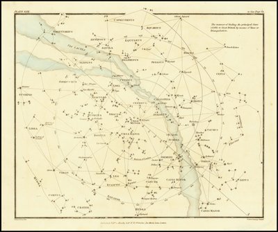 1822 - Alexander Jamieson - A Nagy-Britanniában látható fő csillagok megtalálásának módja a vonalak vagy a trianguláció segítségével. alkotó: Alexander Jamieson