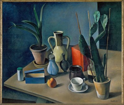 Grosses Stilleben mit Kruegen und roter Teedose, Csendélet korsókkal és piros teáskannával (festmény, vászon) alkotó: Alexander Kanoldt