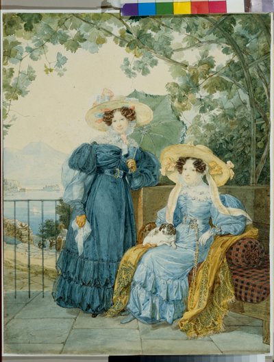 Ekaterina Artemievna Vorontsov (1780-1836) és Elena Mikhailovna Golicyne hercegnő (1776-1855) portréi - Jekaterina Voroncova és Jelena Gallitzine hercegnők portréja - Alekszandr Pavlovics Briullov akvarell papíron alkotó: Alexander Pavlovich Briullov