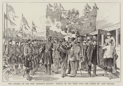 A West Highland Railway megnyitása, a vonat érkezése Fort Williambe a vendégekkel alkotó: Alexander Stuart Boyd