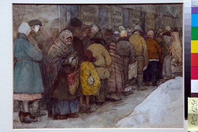 Sorozat Oroszországban az 1920-1921-es éhínség idején - Alekszandr Ivanovics Vakhramejev (1874-1926) alkotásai, 1921 körül - A sor - Akvarell, fehér színű, fekete kréta papíron, Alekszandr Ivanovics Vakhramejev (1874-1926), kb. 1921 22x29,5 cm - alkotó: Alexander Vakhrameyev