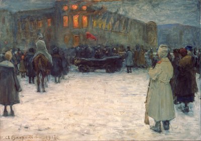 Tűz a litván kastélyban, 1917. februári forradalom, Szentpétervár – Alekszandr Ivanovics Vakhramejev (1874-1926) munkája, gouache papíron alkotó: Alexander Vakhrameyev
