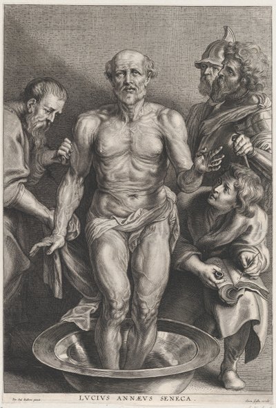 Seneca halála, középen áll, lábával egy vízmedencében, támasztékkal..., kb. 1655-78. alkotó: Alexander Voet