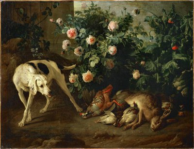 Kutya őrzi a vadat egy rózsabokor közelében - Chien gardant du gibier aupres d