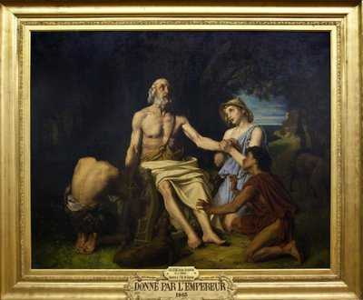 Homérosz, a Kr.e. 9. századi görög költő ábrázolása Scyros szigetén Jean-Baptiste Auguste Leloir festménye (1809-1892) (Jean Baptiste) 1865 Homérosz Scyros szigetén, Alexandre Louis Leloir festménye alkotó: Alexandre Louis Leloir