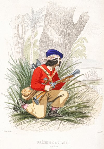Egy kalóz felkészül a rajtaütésre, 19. század közepe (színes metszet) alkotó: Alexandre (after) Debelle