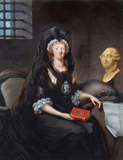 Marie Antoinette (1755-1793) portréja mély gyászban a templom börtönében (vagy "" Marie-Antoinette a Concierge-nél, gyászban, egy cameóval, medállal, amely a Dauphint ábrázolja, Mária, skót királynő életét őrzi , XVI. Luis mellszobra és a Te alkotó: Alexandre (after) Kucharski
