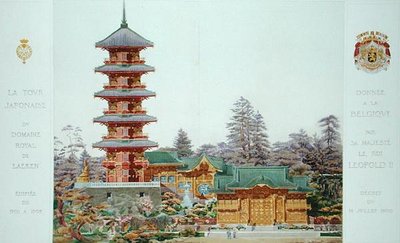 Japán torony a Laeken-i Királyi Parkban, Belgiumban, az Orientalisme et Architecture Contemporaine-ból, Jules Adolphe Chauvet (sz. 1828) metszet (lásd még: 172964, 172965) alkotó: Alexandre Auguste Louis Marcel