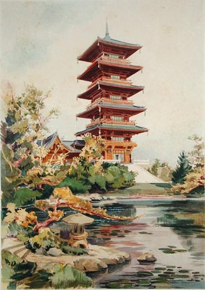 Japán torony a Laeken-i Királyi Parkban, Belgiumban, az Orientalisme et Architecture Contemporaine-ból, Jules Adolphe Chauvet (sz. 1828) metszet (lásd még: 171915, 172965, 172990) alkotó: Alexandre Auguste Louis Marcel