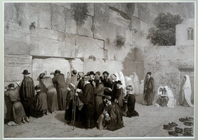 Judaizmus: „” Salamon fala”” Zsidó vallású férfiak és nők imádkoznak a Siratófal előtt. 1857 előtt. Alexandre Bida (1823-1895) rajza, mosógép, toll és ceruza papírra, Dim. 0,61x0,87 m Malmaison, kastélymúzeum alkotó: Alexandre Bida