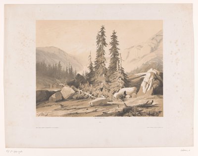 Hegyi táj lucfenyőkkel és hegyi kecskékkel Sapins (cím az objektumon) alkotó: Alexandre Calame