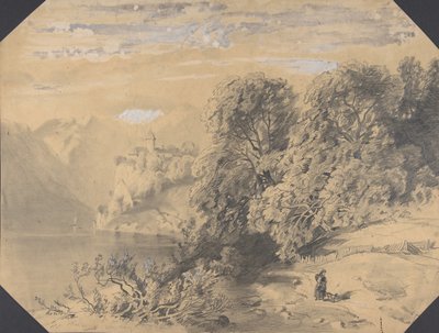 Nő kutyával egy hegyi tó mellett, a 19. század eleje-közepe. alkotó: Alexandre Calame