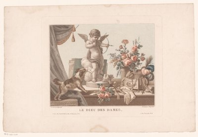 Csendélet az asztalon egy kutyával és Ámor szoborral Le Dieu des ladies. (cím a tárgyon) alkotó: Alexandre Chaponnier