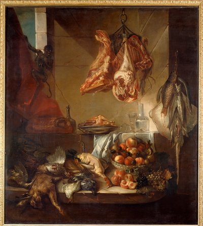 Konyhai belső csendélet vadból, gyümölcsből és húsból. Francois Desportes (1661-1743) festménye 18. századi Chalons sur Marne, Musee des Beaux Arts alkotó: Alexandre Francois Desportes