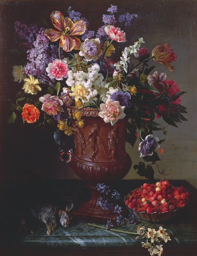Virágok egy faragott urnában, egy tál erdei szamócával és nyúl a párkányon, 1715 alkotó: Alexandre Francois Desportes