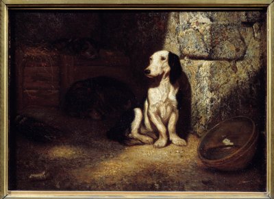 Fekete-fehér basszus kutya a kennelben. Az oldalán egy vízzel töltött tál. Alexandre Gabriel Decamps (1803-1860) festménye 1849 V. 0,25x0,35 m alkotó: Alexandre Gabriel Decamps