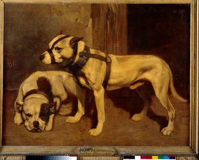 Skót bulldog és terrier rossz kutya szájkosárral. Alexandre Gabriel Decamps festménye alkotó: Alexandre Gabriel Decamps