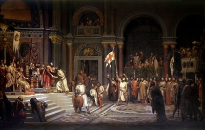 Bouilloni Godfreyt Alexis Comnene konstantinápolyi császár fogadta 1097-ben, a város török elleni védelme során az 1096-1099-es első keresztes hadjárat során, 1842 alkotó: Alexandre Jean Baptiste Hesse
