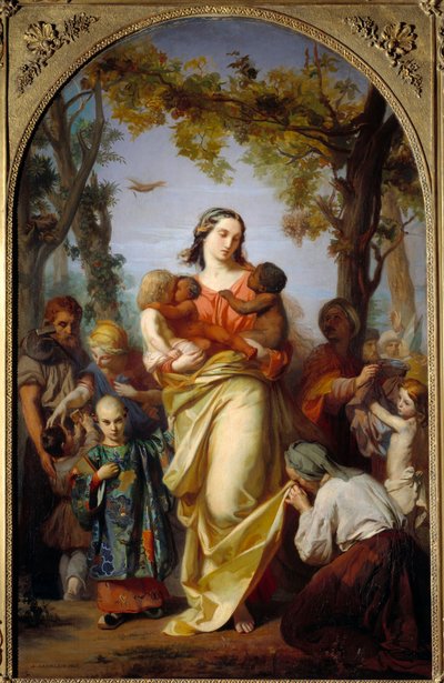 Egyetemes Jótékonyság. A Jótékonyság megszemélyesítése, aki karjában tartja a világ különböző népeit. Alexandre Laemlein (1813-1871) festménye alkotó: Alexandre Laemlein