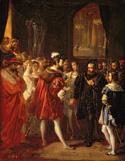V. Károlyt (1500-58) I. Ferenc (1494-1547) fogadta a Louvre-ban, 1843 körül alkotó: Alexandre Marie Colin