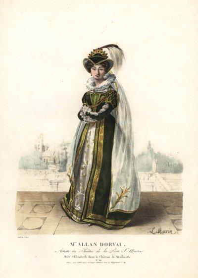Marie Dorval vagy Madame Allan Dorval Erzsébet királynő szerepében a Le Chateau de Kenilworthben, Jean-Baptiste Blache és Henri Lemaire, Theater de la Porte St. Martin alkotó: Alexandre Marie Colin