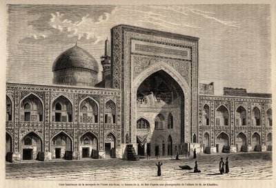 Aly Riza a Mashhad imám mecsetjének belső udvara, A. de Bar rajza, N. de Khanikof Khoraszánba (Khoraszán, Chorasan vagy Khurasan) tett utazásának illusztrálására 1858-ban. Metszet a "Le tour du monde" 1861-es kiadásában. Selva gyűjteménye. alkotó: Alexandre de (after) Bar