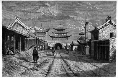 Kilátás az utcáról a "Youn Tchen Sian", Kína. Metszet A. de Bar rajza nyomán, a „Le Tour du Monde, Nouveau Journal des Voyages”-ben, szerkesztette Edouard Charton, Párizs alkotó: Alexandre de (after) Bar