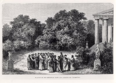 Platón (Kr.e. 427-348 körül) és tanítványai az Akadémia kertjében, Louis Figuier "La Vie des Savants Illustres" című művéből, Laplante metszete, 1870 körül. alkotó: Alexandre de Bar