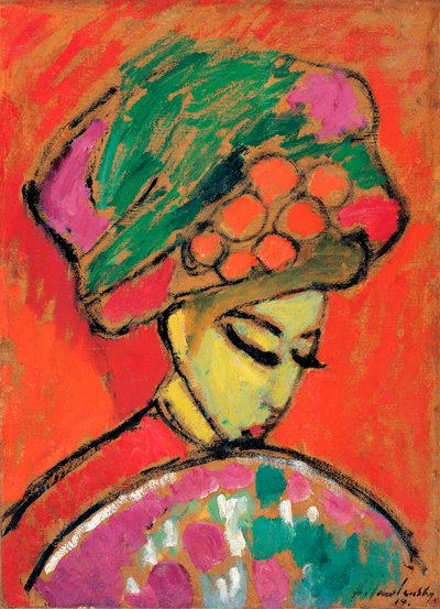 Fiatal lány virágos kalapban - Alekszej von Javlenszkij (1864-1941) festménye, olaj, karton, 67,5x49 cm alkotó: Alexej von Jawlensky
