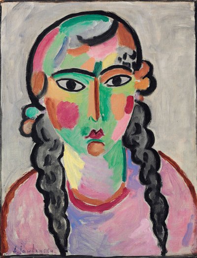 La fille pale aux tresses grises – A sápadt lány szürke pigtails, szerző: Alexej von Jawlensky (Jawlensky) (1864-1941). Olaj, papír, c. 1916. Mérete : 63,5x49,5 cm. Magángyűjtemény alkotó: Alexej von Jawlensky