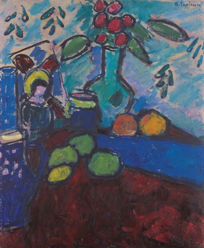Csendélet fordított üvegfestéssel, zöld vázával és gyümölcsökkel alkotó: Alexej von Jawlensky
