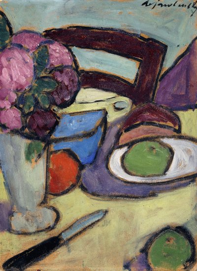 Csendélet székkel és csokorral; Csendélet székkel és virágutcával, 1906 alkotó: Alexej von Jawlensky