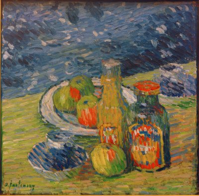 Csendélet palackokkal, gyümölcsös tállal és csészével alkotó: Alexej von Jawlensky