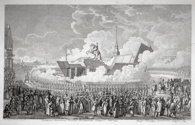 Nagy Péter lovas szobrának megnyitása a Szentpétervári Szenátus téren 1782-ben, 1. elején alkotó: Alexey Kupriyanovich Melnikov
