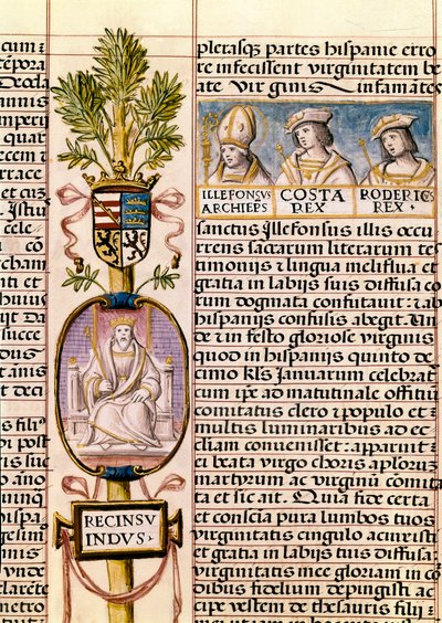 Flavius ​​Recceswinth, a spanyol vizigótok királyának portréja 653-tól 672-ben bekövetkezett haláláig, miniatűr a "Spanyolország királyainak genealógiájában" alkotó: Alfonso de Cartagena
