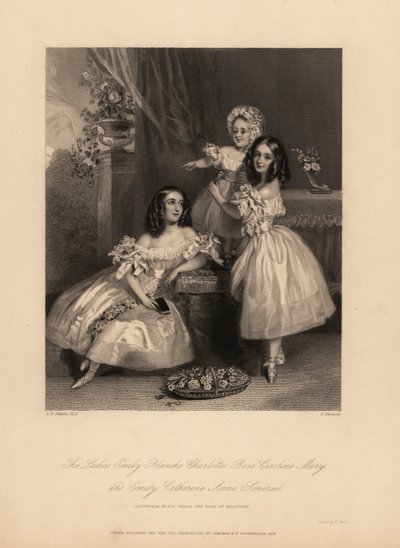 Emily Blanche Charlotte, Rose Caroline és Emily Catherine Anne Somerset portréja, Henry Somerset, Beaufort 7. hercege lányai. Három fiatal nővér gyűrűs szatén ruhában, szalaggal és csipkével, balettcipővel. J. Thomson acélmetszete a alkotó: Alfred Edward (after) Chalon