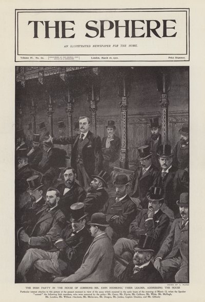 John Redmond ír képviselő beszédet mond az alsóházban (litho) alkotó: Alfred (after) Pearse