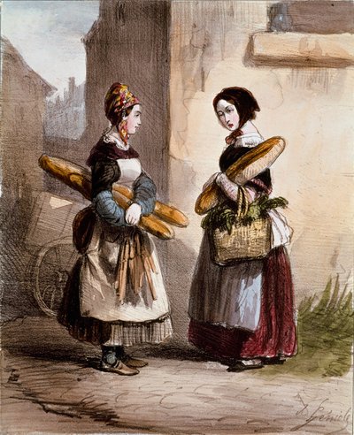 Kisebb szolgáltatások: a pékség. Fiatal sétáló kenyérkereskedő. Alfred Andre Geniole (1813-1861) nyomata a „Les femmes de Paris” 1841-1842 Párizsból, Musee Carnavalet alkotó: Alfred Andre Geniole