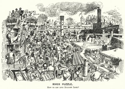 Punch rajzfilm: Torlódás a Temze folyón Molesey Lock-nál, Surrey (metszet) alkotó: Alfred Chantrey Corbould