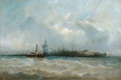 New York a kikötőből az akkumulátorral és a kastélykerttel, 1858. alkotó: Alfred Copestick